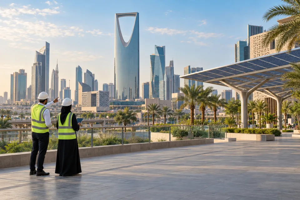 صورة توضيحية لمهندسين يطلّان على تطوير حضري سعودي يضم مظلات شمسية ومباني حديثة ومساحات خضراء.